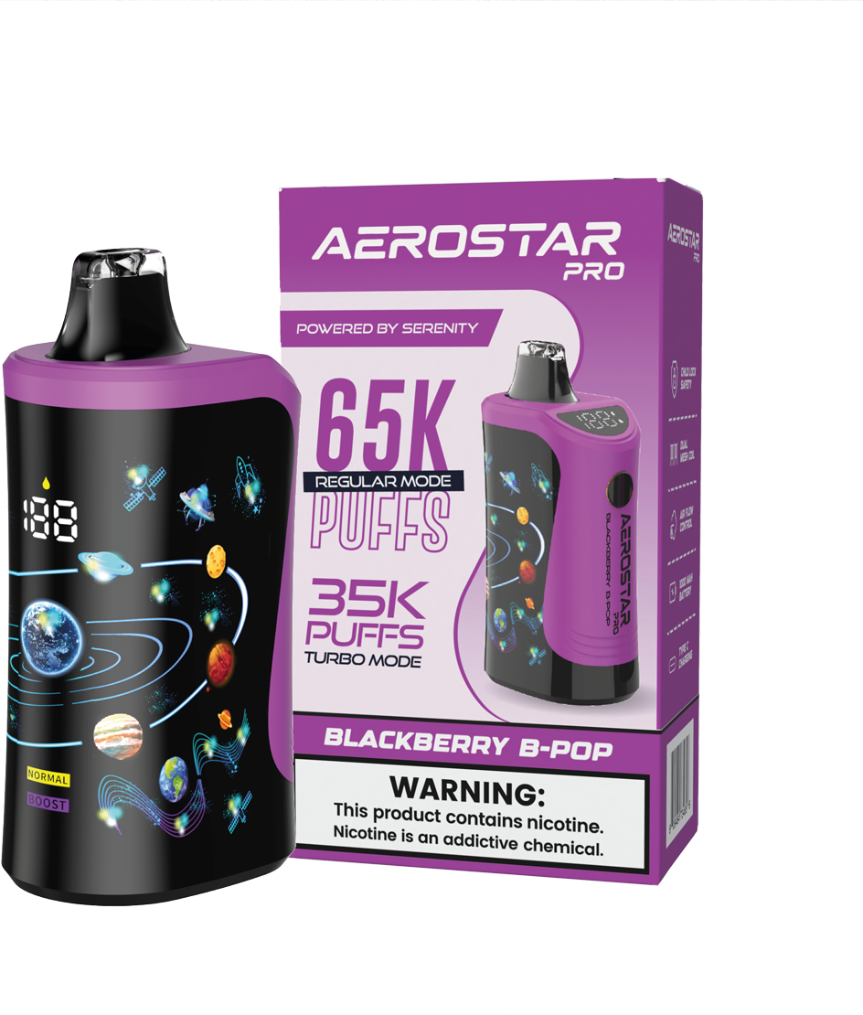 Serenity Hemp - Aerostar Pro Blackberry B Pop 5% Nic Rechargeable Disposable Vape 65k Puffs